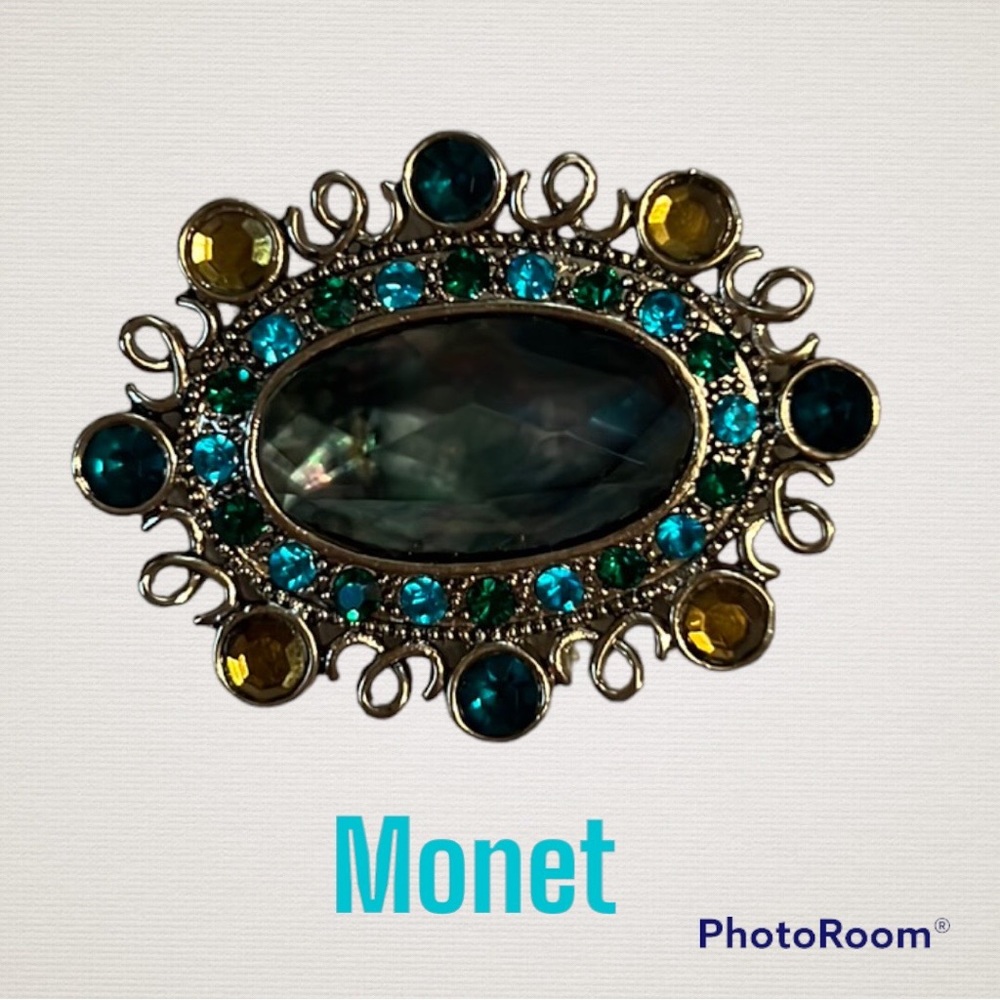 Vintage Monet big gold brooch rhinestones ladies